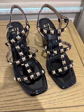 Mix No. 6 Black Patent Studded Strappy Heels with Gold Accents